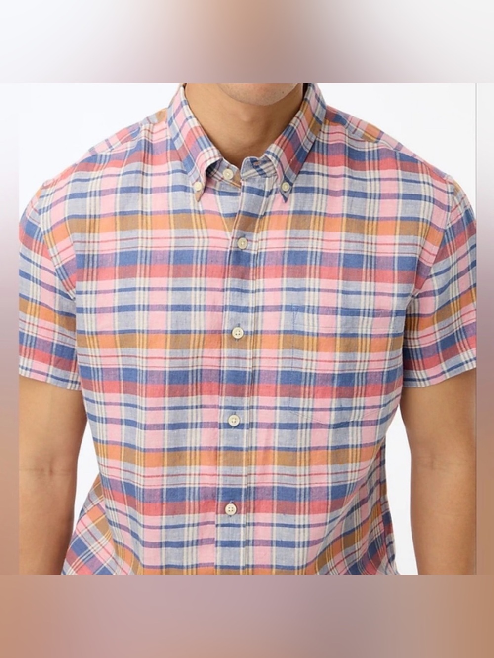 J.Crew Pink Blue Orange Madras Plaid Linen Cotton Short Sleeve Shirt Medium